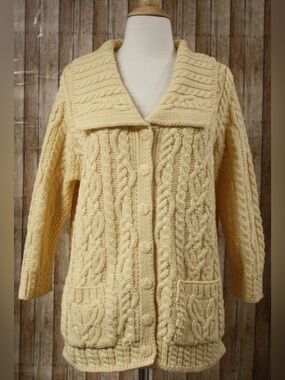 Aran Crafts 100% Merino Wool Irish 3/4 Sleeve Womens Cardigan Button Pockets L